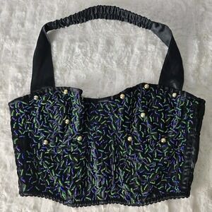 Victoria's Secret VTG Gold Label Black Corset Blue Green Beaded Bra Bustier Med